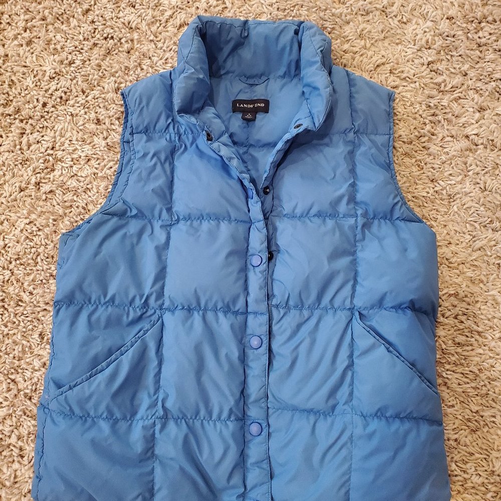 Women's Lands' End Blue Goose Down Puffer Vest Snap Front Pockets Size Medium